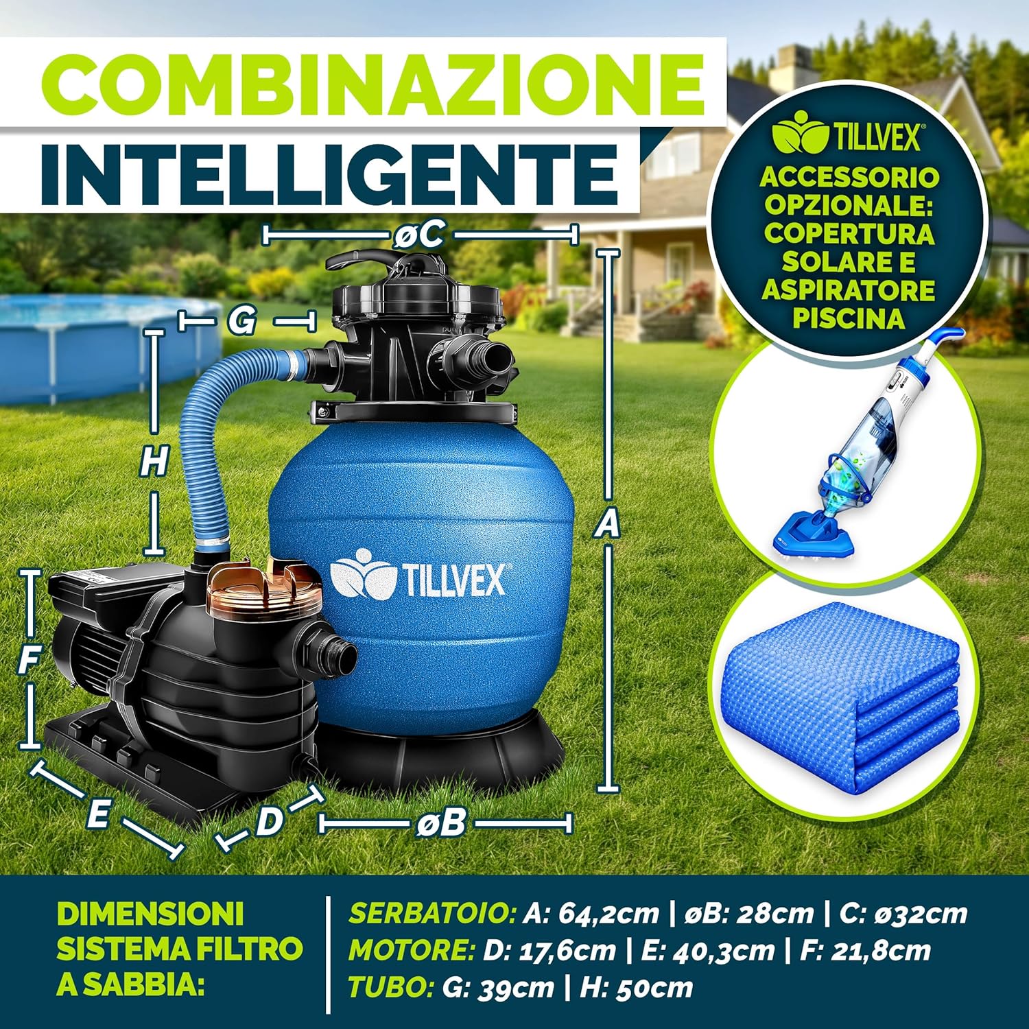 Thumbnail 1 de Pompa filtro per piscina tillvex portata 10 m³/h con valvola a 7 vie e 800 g di balls