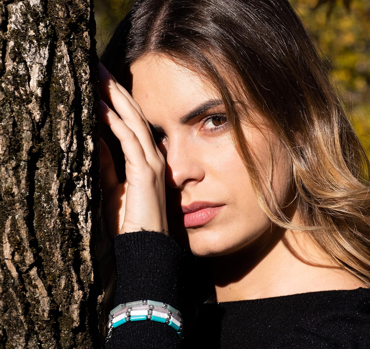 Thumbnail 3 de 10:10 Bracciale Uomo Donna: pietre naturali cilindriche e perle diamantate in acciaio inox anallergico