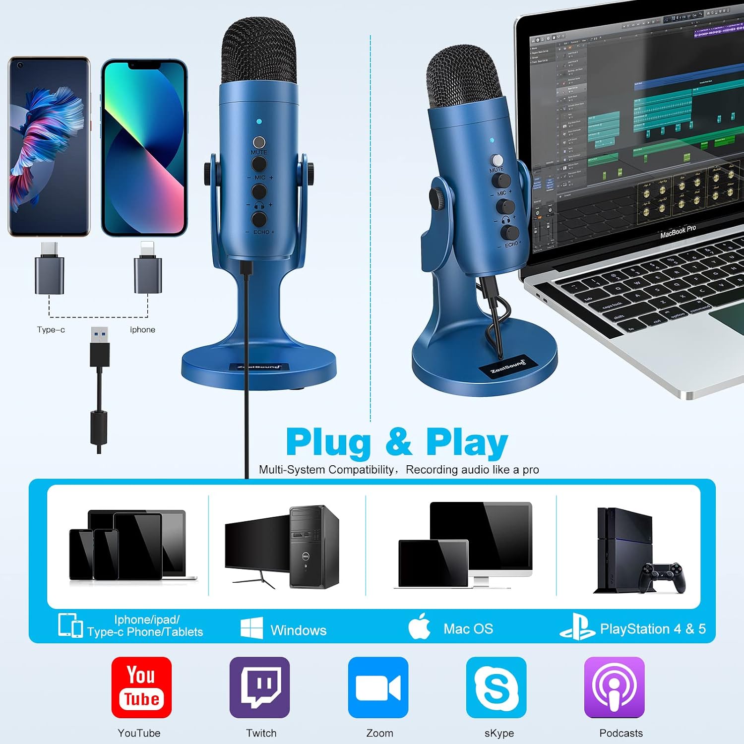 Detalle 2 de ZealSound K66 USB Kondensator Mikrofon – Blau, Plug & Play, Rauschunterdrückung, Gain & Echo