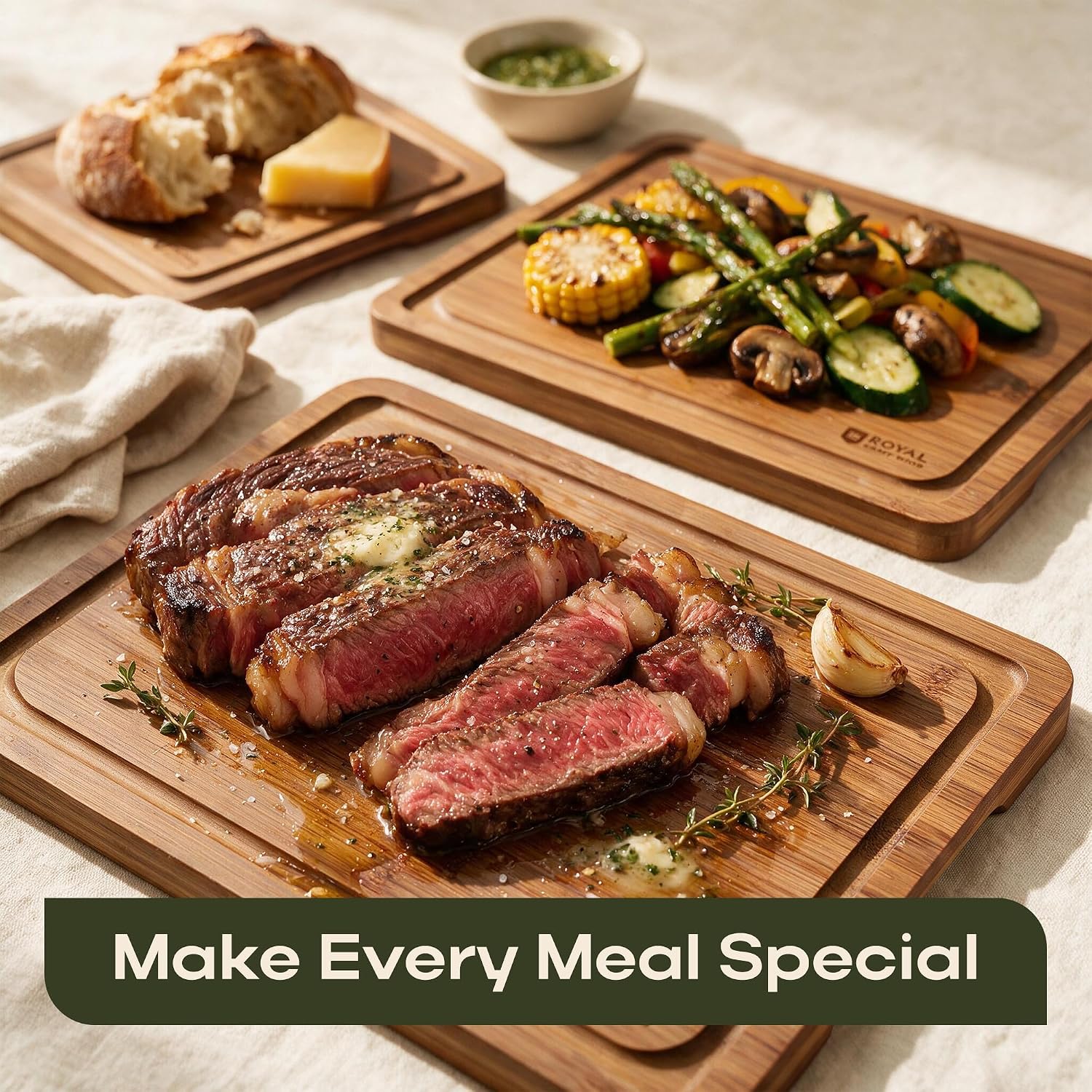 Detalle de ROYAL CRAFT WOOD Carbonized Brown Cutting Board Set, 3-Piece Bamboo