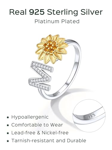 Detalle de Anillo inicial M en plata de ley 925 con flor girasol giratorio y circonita – ChicSilver