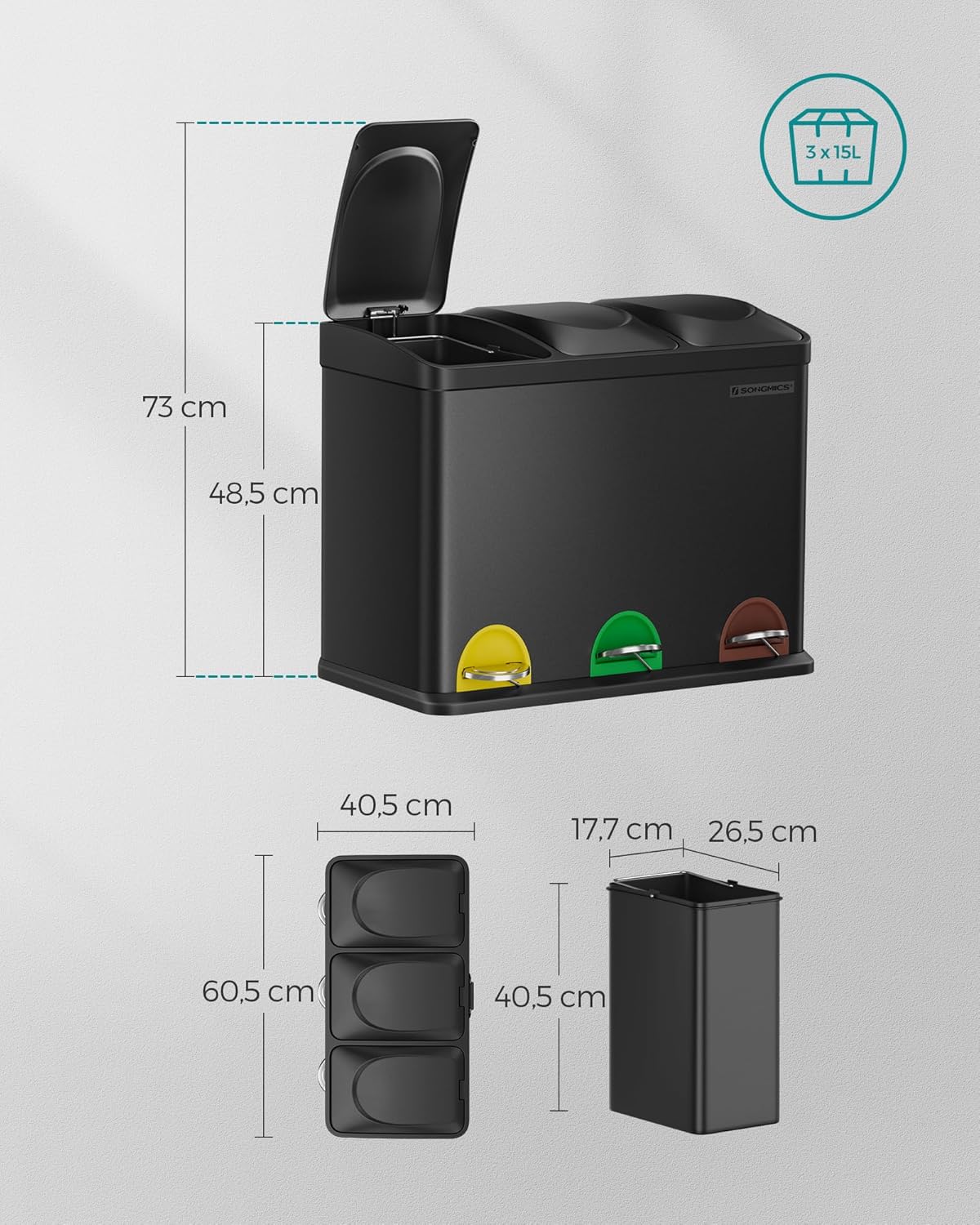Detalle de SONGMICS LTB45B Cestino da cucina triplo a pedale in metallo 45 L (3 x 15 L) con coperchio