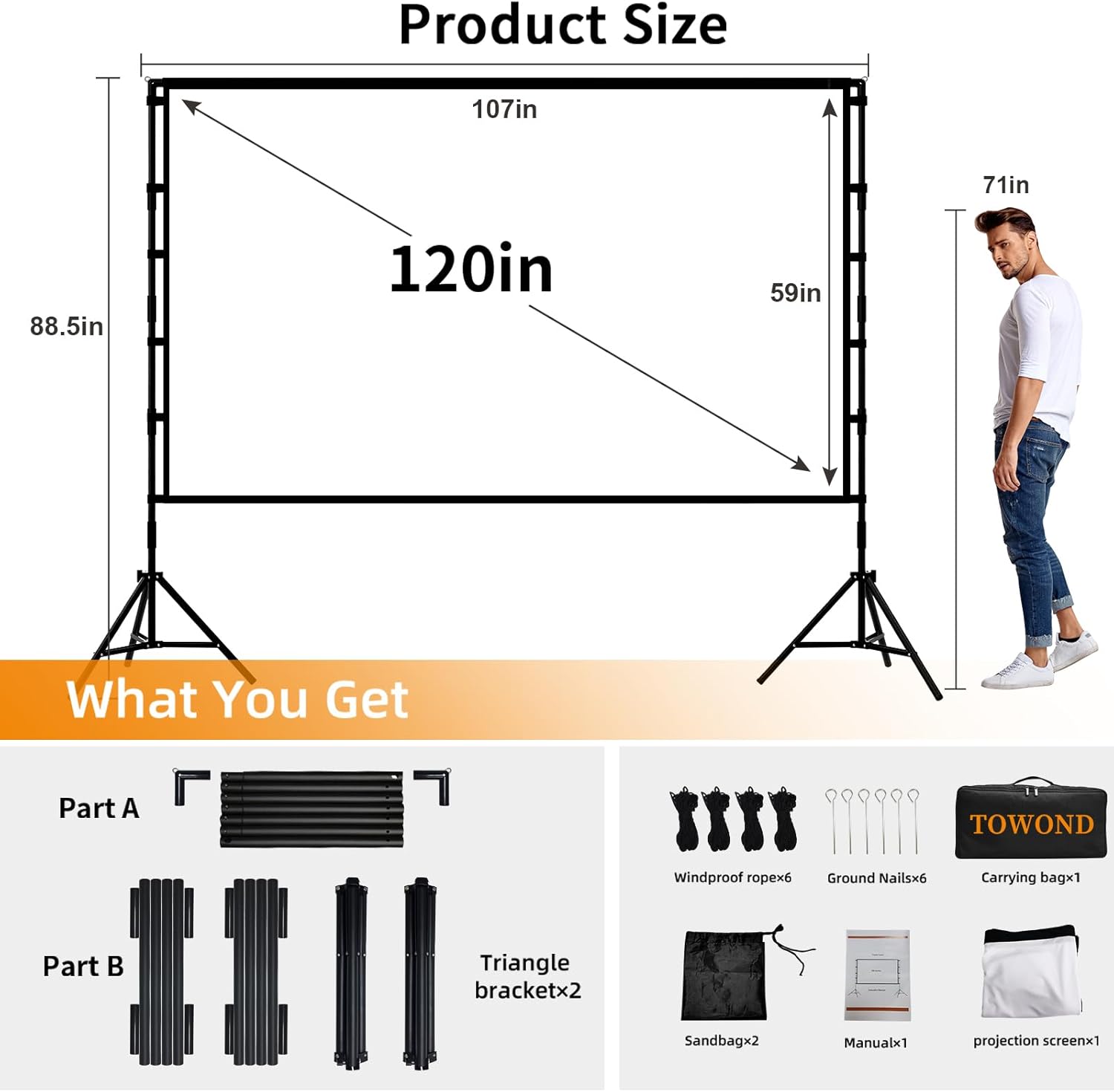 Thumbnail 2 de TOWOND 120-inch Outdoor Projector Screen with Stand (16:9, Foldable, Double-Sided, Carry Bag)