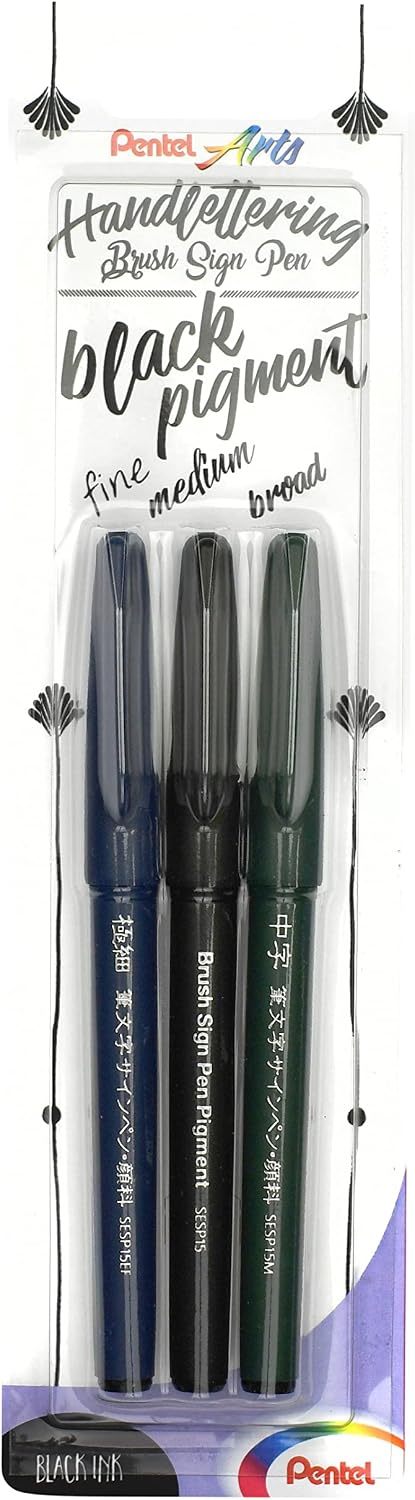 Detalle de Pentel Brush Sign Pen Pigment Black Ink Edition (Set mit 3 Strichstärken) – Kalligrafiestift mit flexibler Pinselspitze