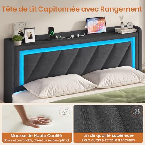 Detalle de KIMENICH Cadre de Lit 140x190 – Lit flottant avec éclairage LED, rangement et station de charge intégrée