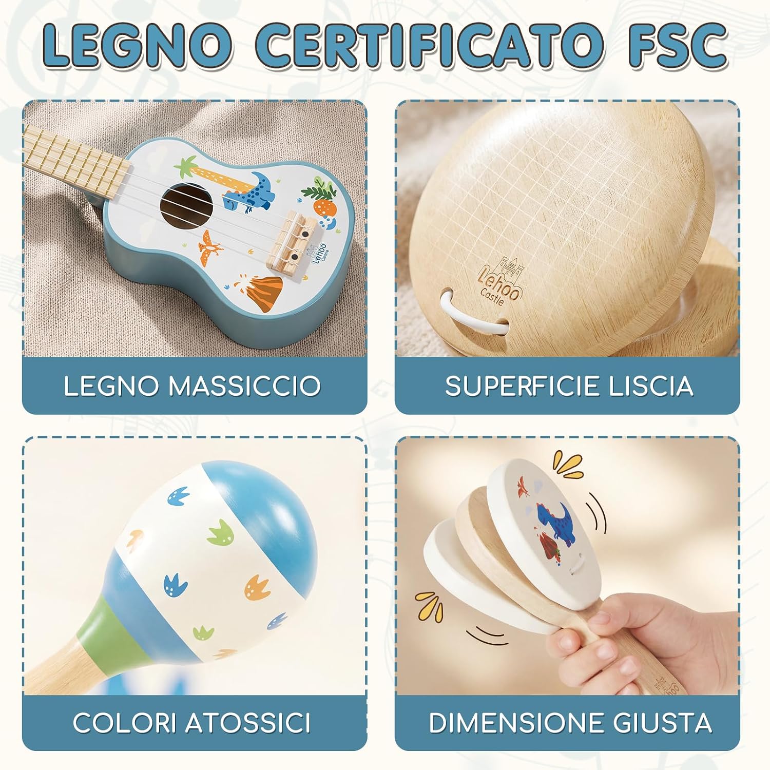 Detalle 2 de Lehoo Castle: Chitarra per Bambini con 7 Strumenti Montessori – Giocattolo in Legno FSC
