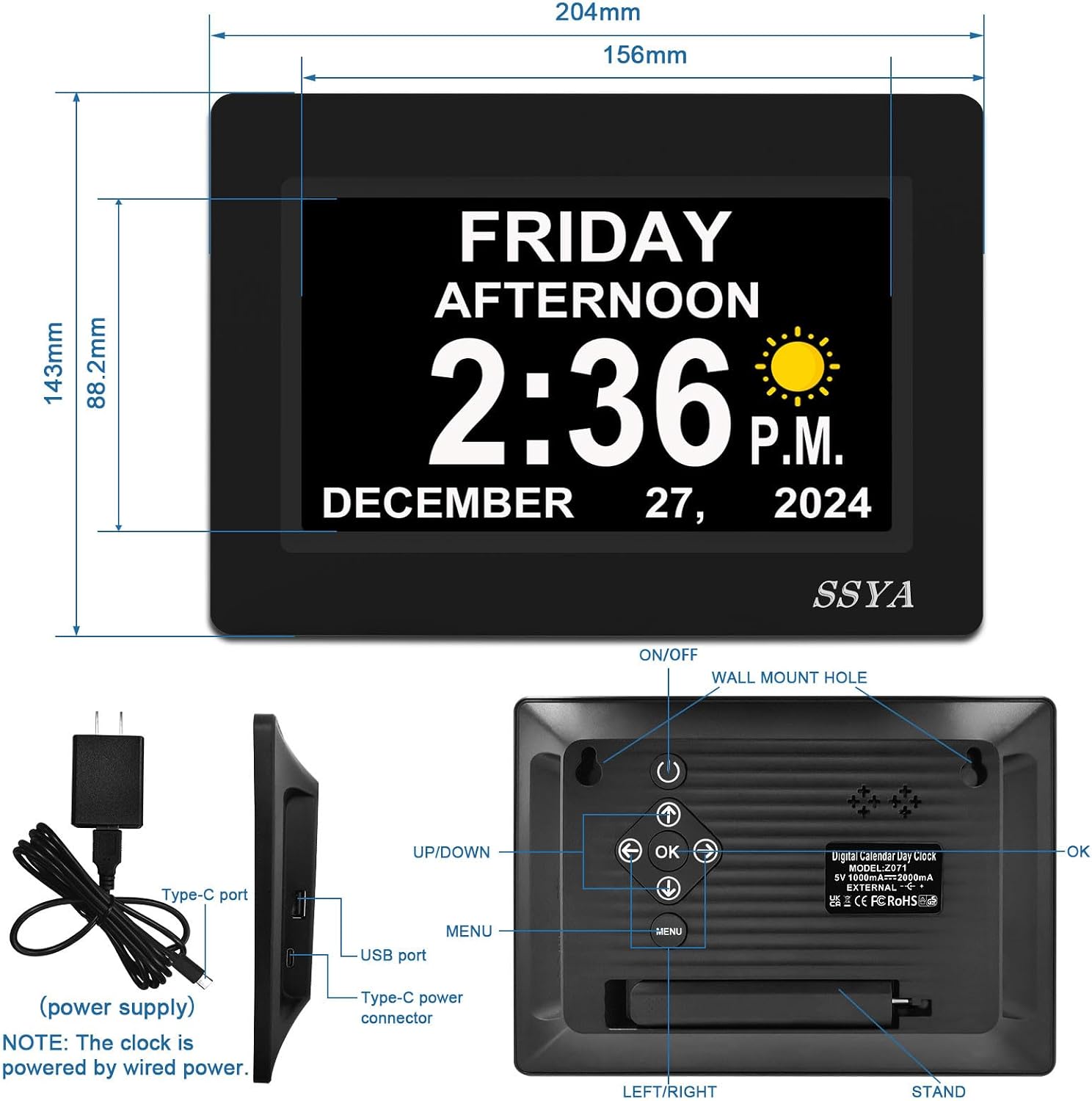 Detalle 2 de SSYA Z071 7-Inch Day Clock with 12 Alarms and Auto-Dimming Display