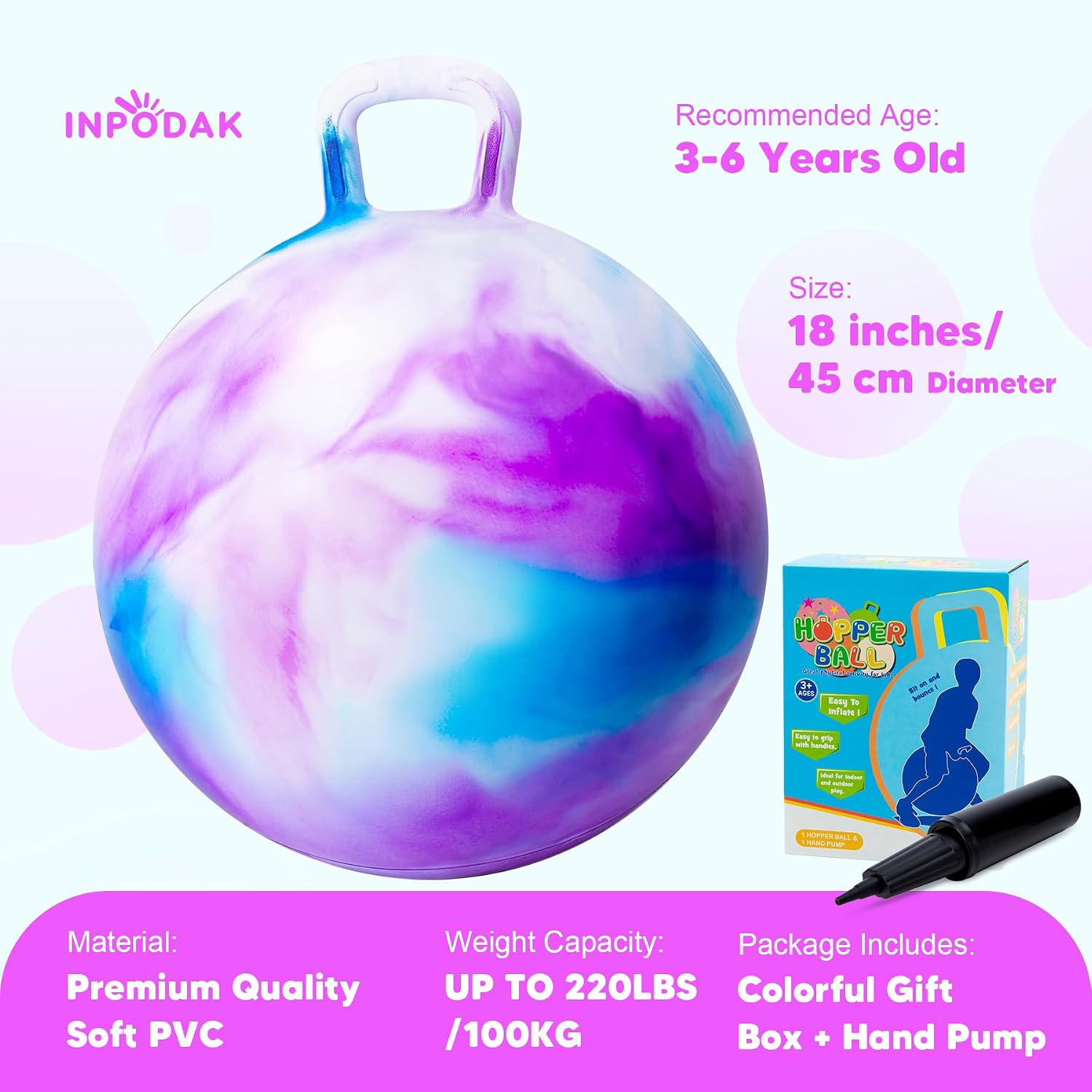 Thumbnail 6 de INPODAK 2 Pack 18inch Space Hopper Balls with Handle, Anti-slip Jumping Ball for Kids (includes pump)