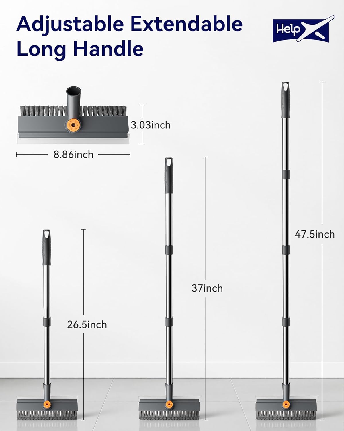 Thumbnail 1 de HelpX Small Floor Scrub Brush with Adjustable Long Handle — 3-in-1 Scrubber with Squeegee and Tweezer