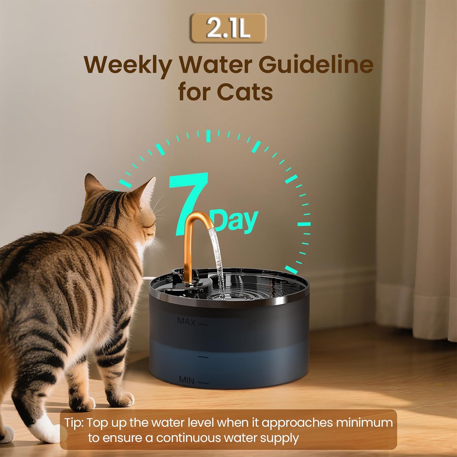 Detalle de DOOOB Cat Water Fountain (2.1L) – Quiet, Durable Copper Faucet Pet Fountain