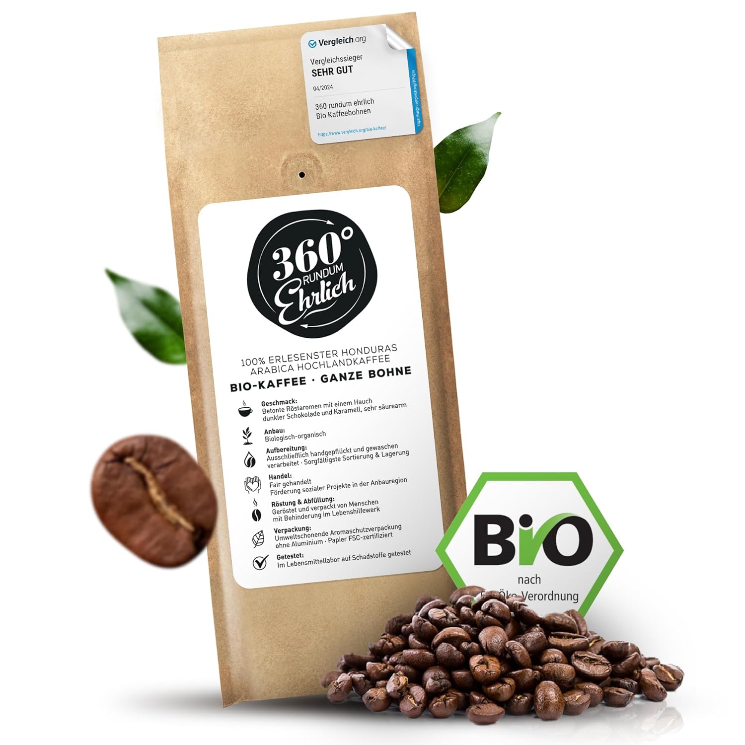 Detalle de 360° Premium Bio Kaffeebohnen 500 g – 100% Honduras Hochland Arabica, mild & säurearm, ganze Bohnen