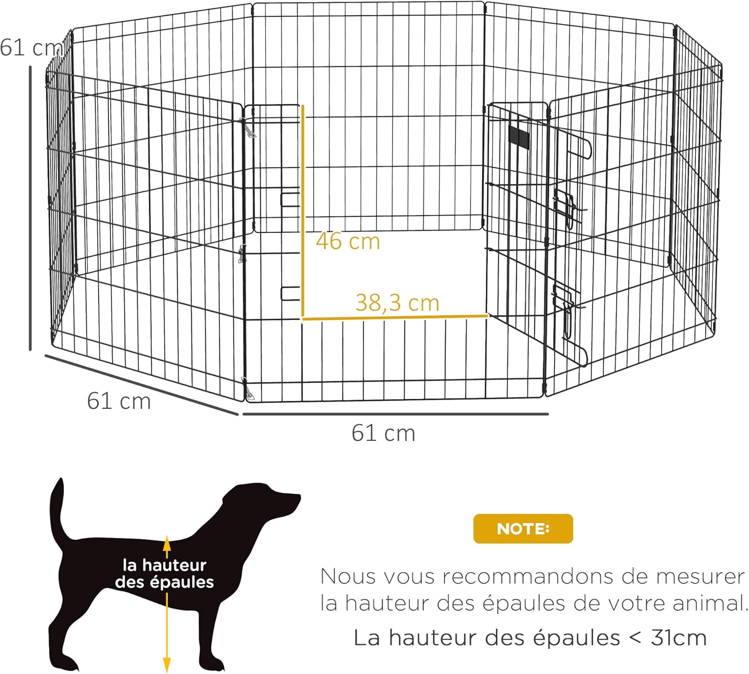 Thumbnail 6 de Parc modulable PawHut pour chiens et petits animaux – 8 panneaux en métal noir, pliant et verrouillable (61 x 61 cm par panneau)