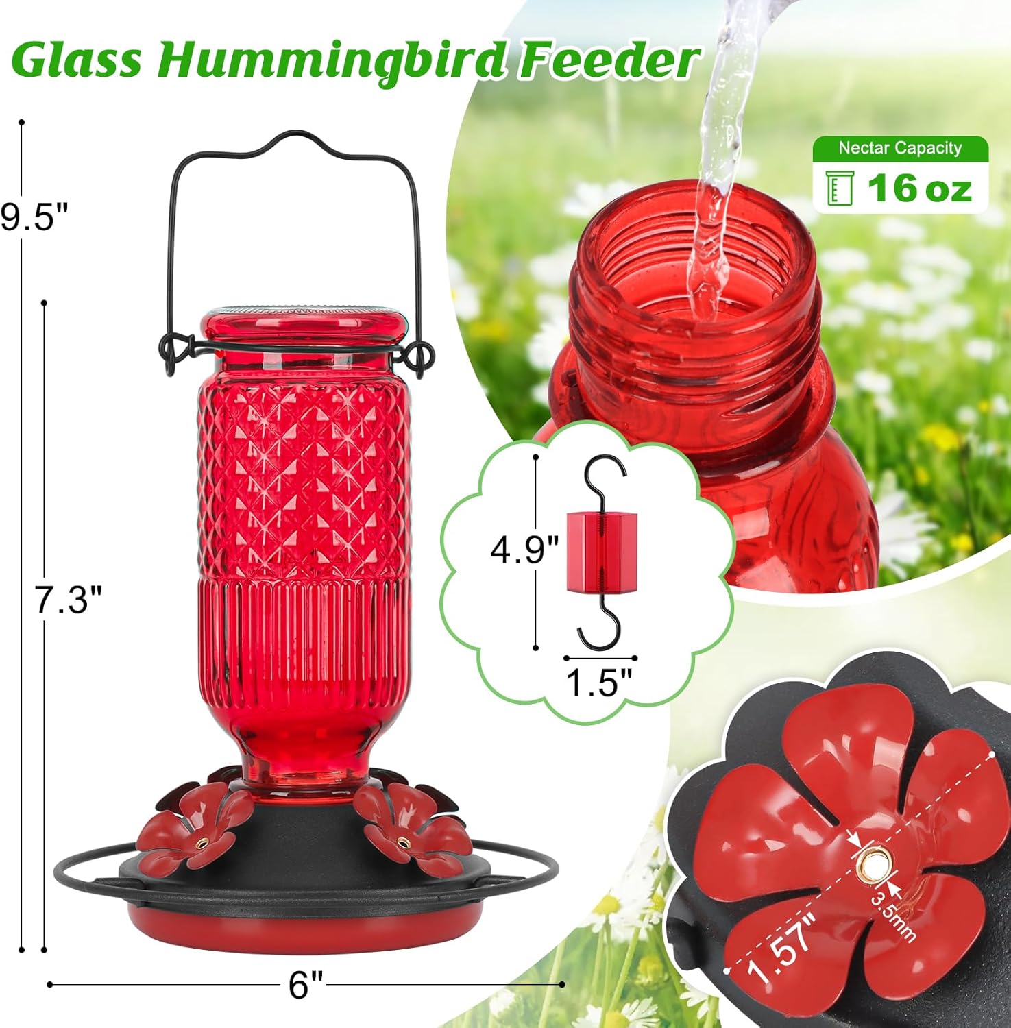 Thumbnail 1 de FEED GARDEN Glass Hummingbird Feeder (16oz) with Ant Moat, 4 Bee-Proof Ports & 360° Perch