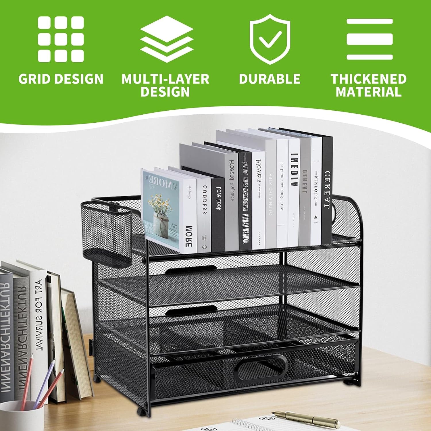 Detalle de Mesh Letter Tray Organiser 4-Layer with 2 Pen Holders and 1 Drawer