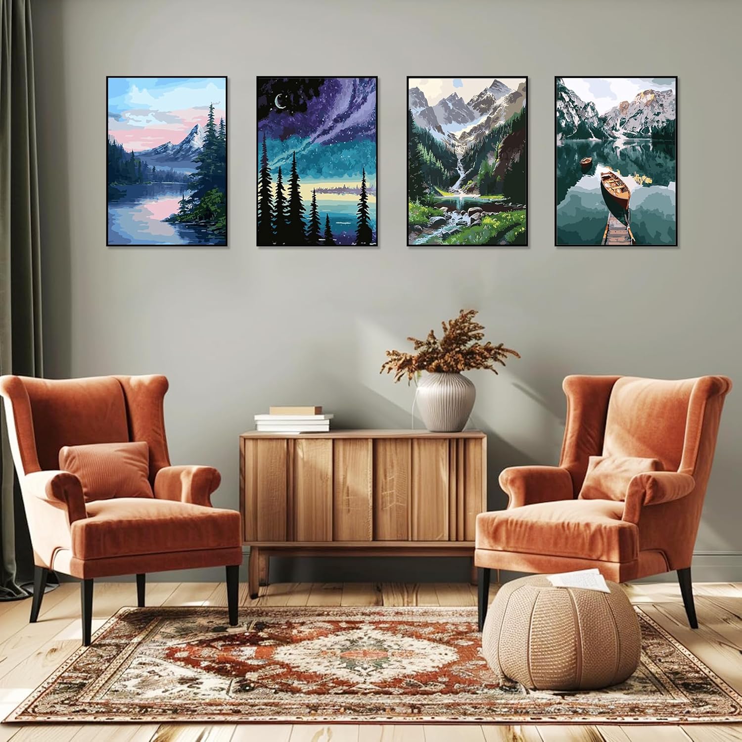 Detalle de Hongyrjy 4 Pack Landscape Paint by Numbers with Framed Canvas and Wooden Easel