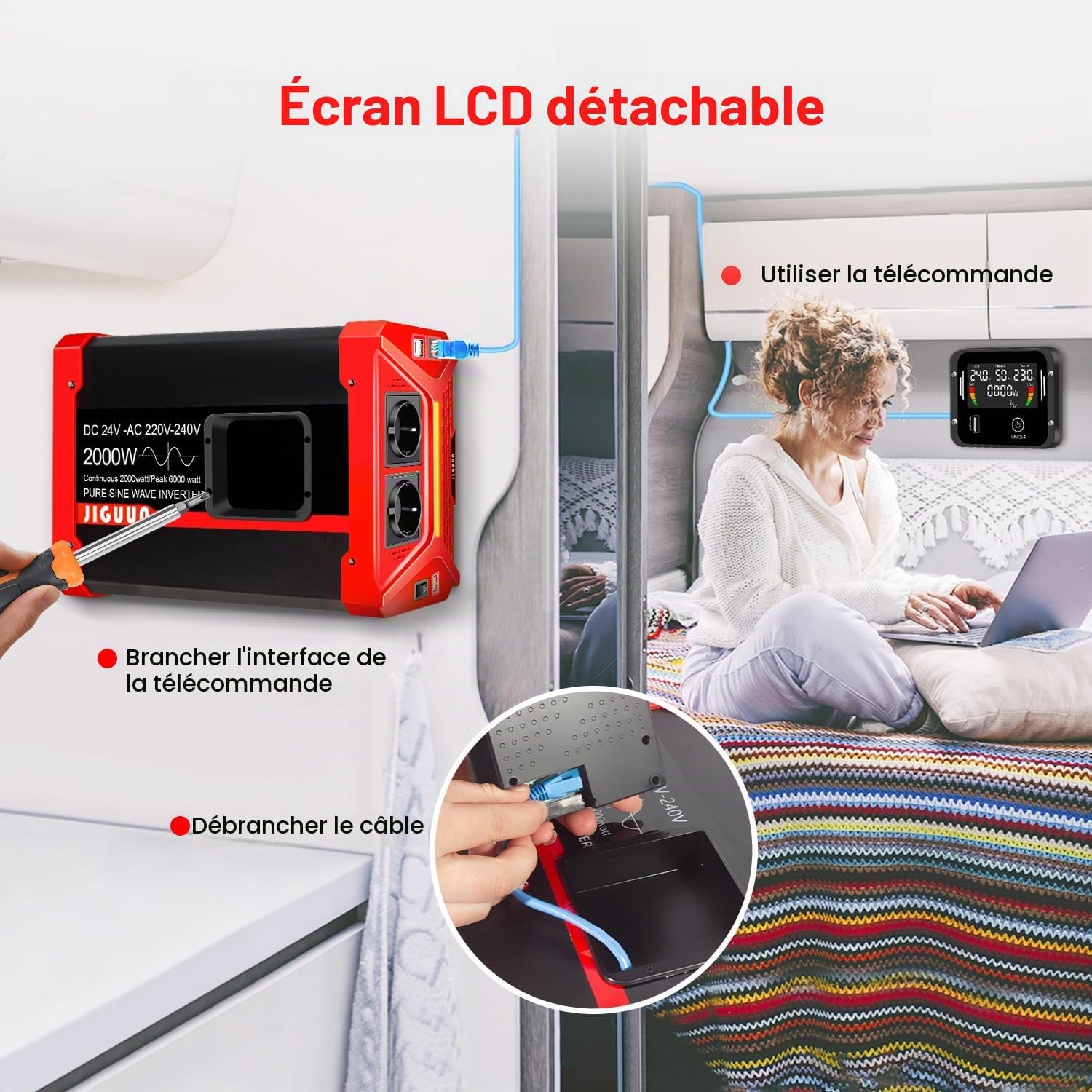 Detalle de JIGUUN 2000W24V omvormer, 24 V naar 230 V, zuivere sinus en afneembaar LCD-display