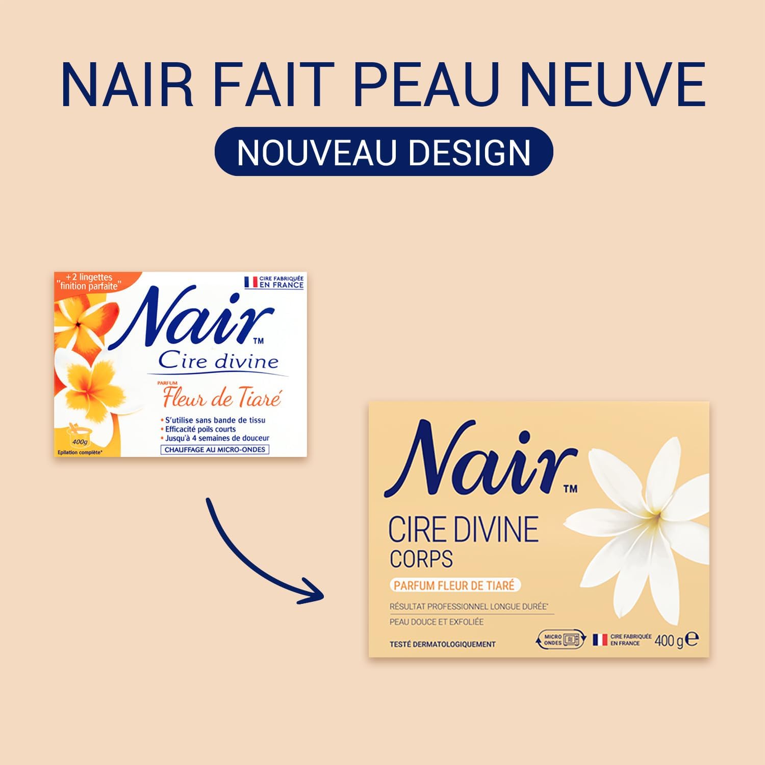 Detalle de NAIR Cire Divine Fleur de Tiaré – Corps, cire chaude sans bandes (400 g) + 2 soins finition douceur