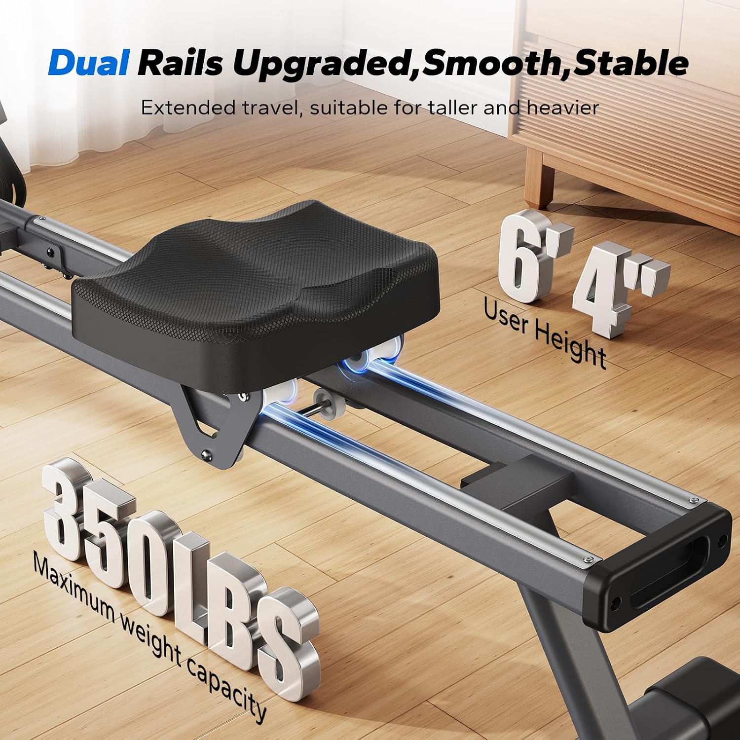 Detalle de MERACH Q1S Magnetic Rowing Machine: Quiet Home Rowing with Dual Rails and App Integration
