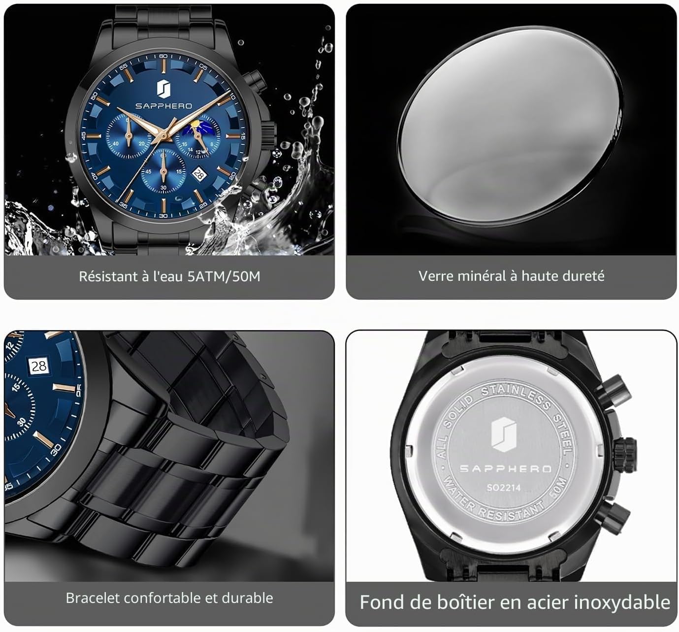 Detalle de BENYAR Montre Homme Chronographe Étanche avec Calendrier — Bracelet Cuir/Acier Inoxydable