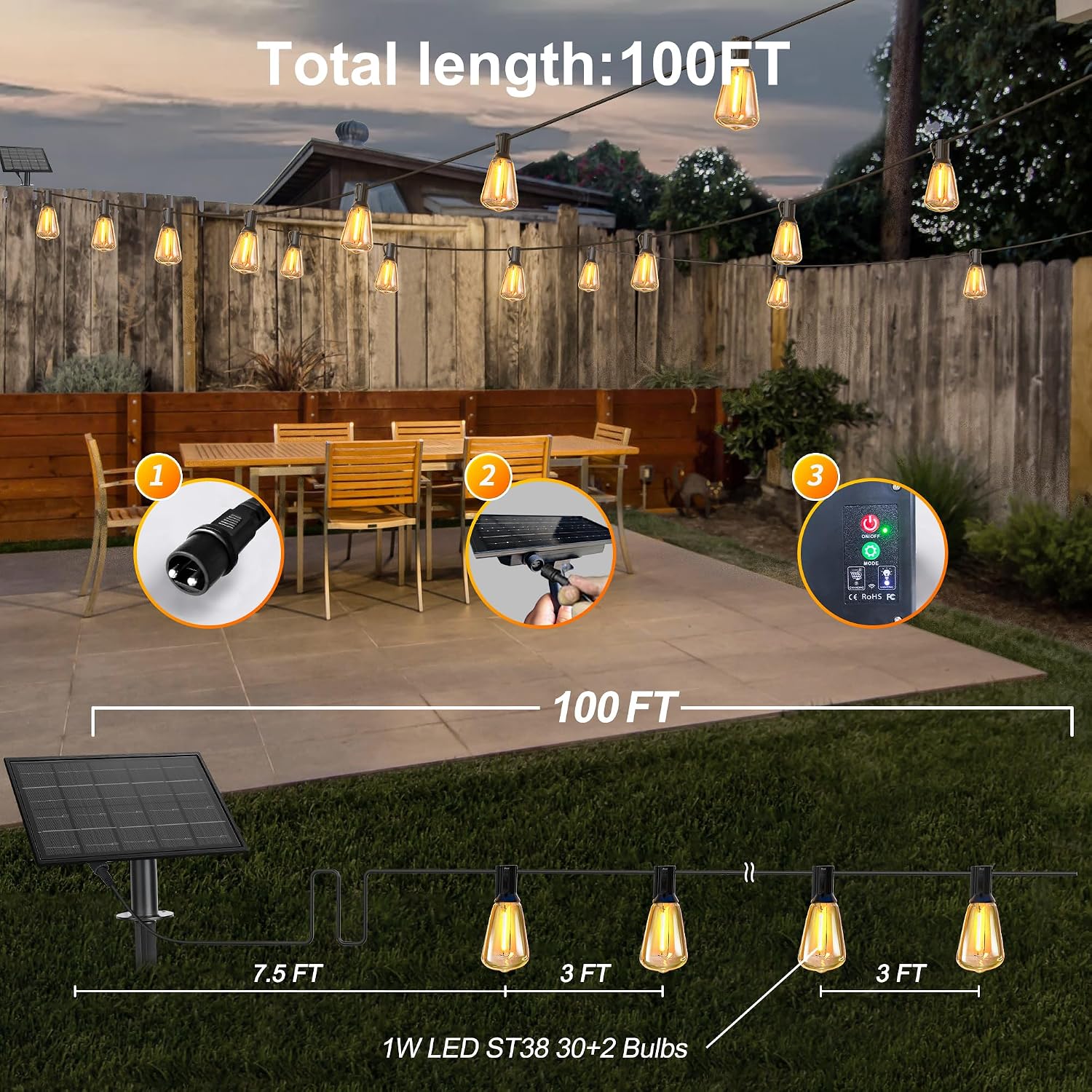 Detalle 2 de BLIATLUS B236 Solar String Lights, 100 ft, 32 Shatterproof ST38 LEDs
