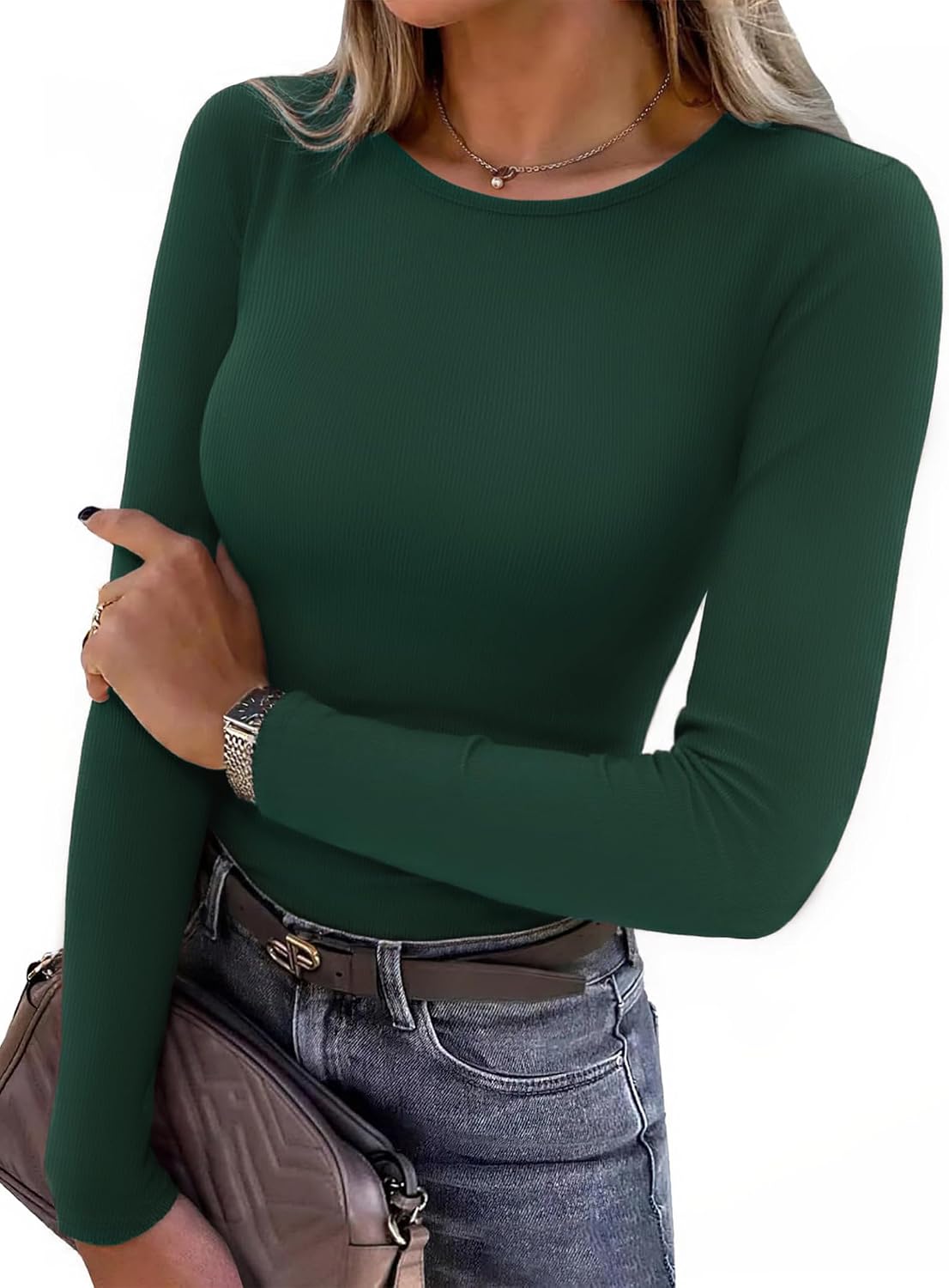 Detalle de Aottori Damen Langarmshirt Rundhals Slim Fit Stretch mit feiner Rippstruktur