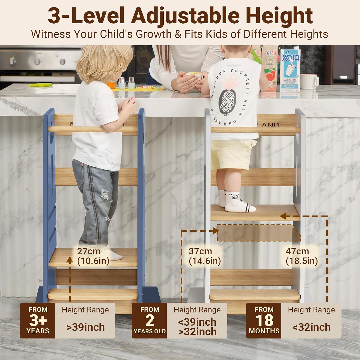 Thumbnail 2 de COSYLAND Height Adjustable Toddler Standing Tower (3 Levels) – Super Stable Wooden Kitchen Stool Helper