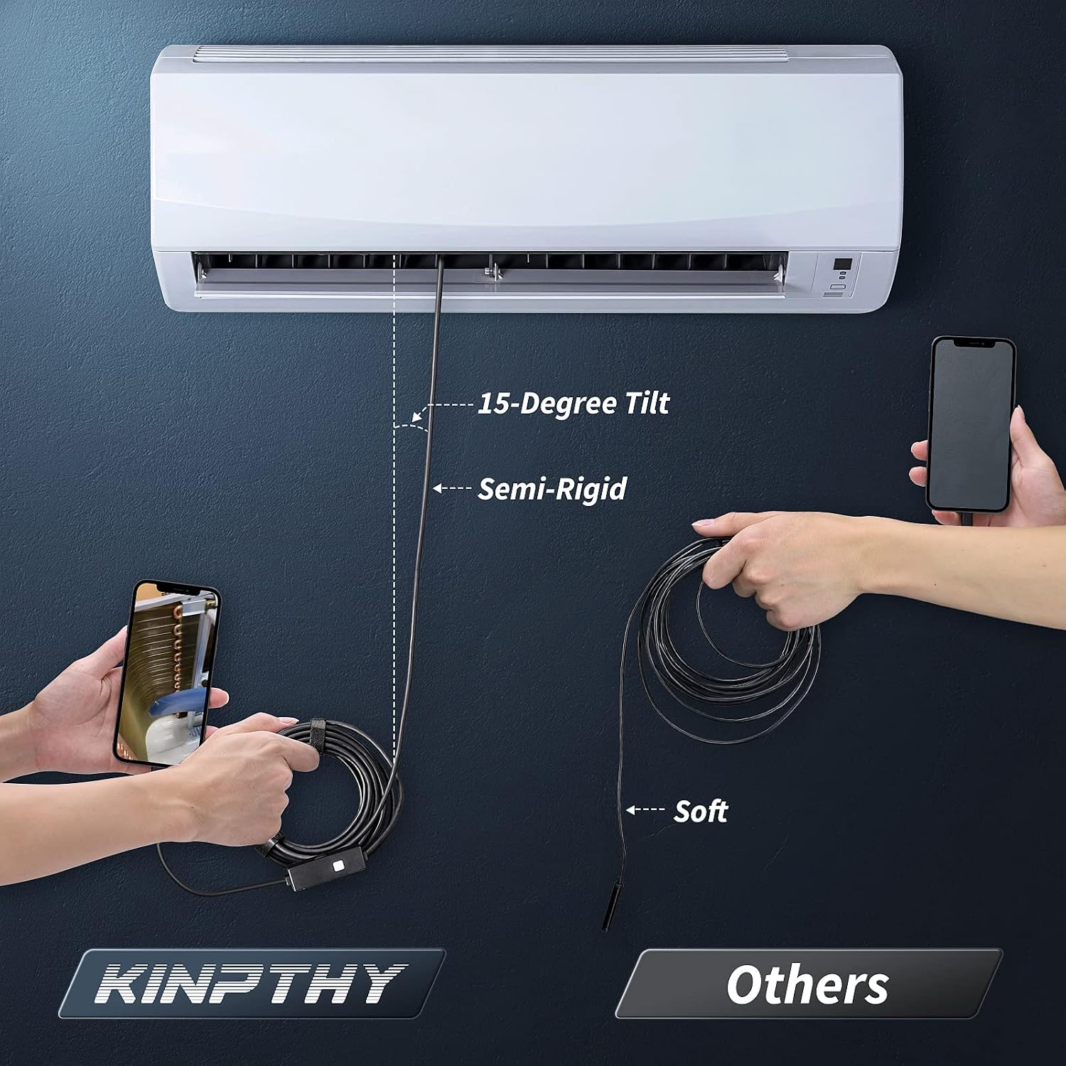 Detalle de Kinpthy Endoscope Camera with 16.4-ft Semi-Rigid Cable, IP67 Probe and 8 LEDs