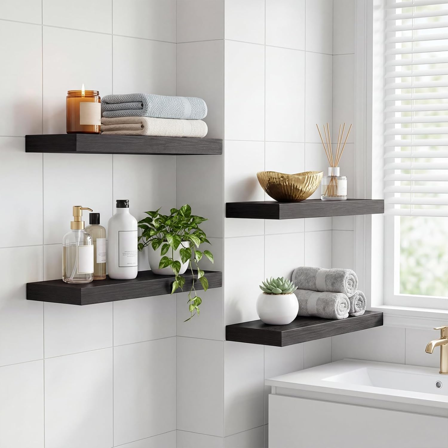 Thumbnail 3 de Fixwal Black Floating Shelves for Wall (Set of 4) — Rustic Wood Style Storage & Decor Shelves, 15.8 Inch