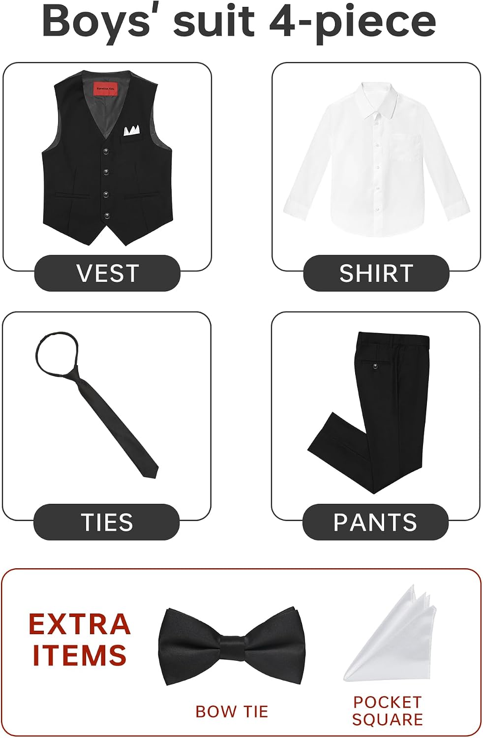 Detalle de Marvelous Kids Boys’ 6-Piece Formal Slim Fit Suit Set (Vest, Dress Shirt, Tie, Pocket Square & Bow Tie)