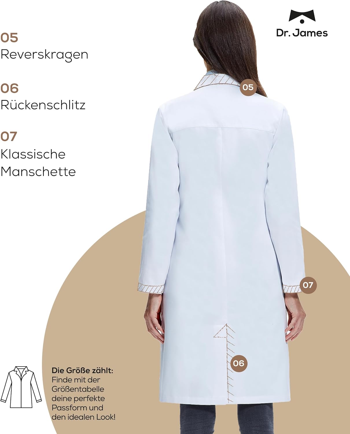 Detalle de Dr. James Laborkittel Damen – Klassischer Regular-Fit Arztkittel mit verdeckten Druckknöpfen, 3 Taschen, 94 cm