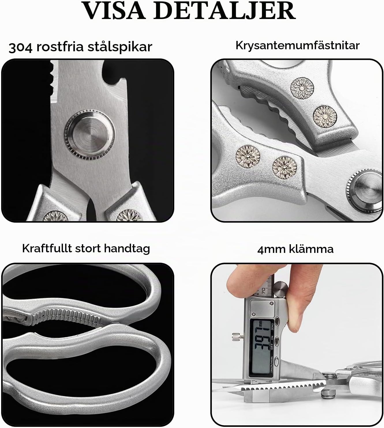 Detalle de WANGDEFU kökssax i rostfritt stål med mikrotandat blad och flasköppnare