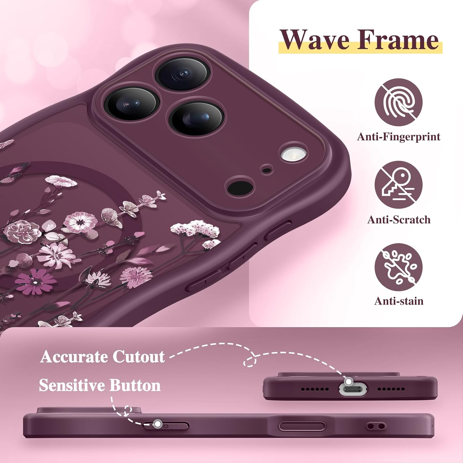 Detalle 2 de GVIEWIN Floral Translucent MagSafe Case for iPhone 17 Pro Max (Curly Wave Edge) – Full Camera Protection