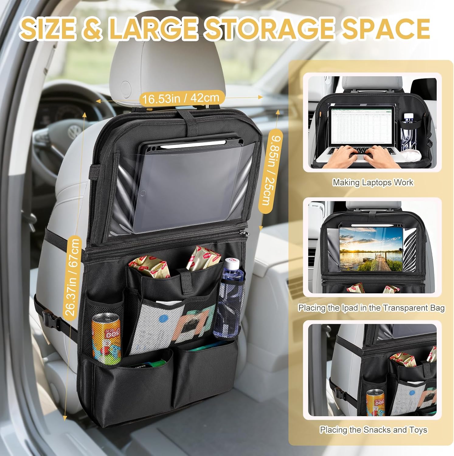Detalle de Rilime Car Seat Organiser (2-Pack) with Foldable Table Tray and Tablet Holder