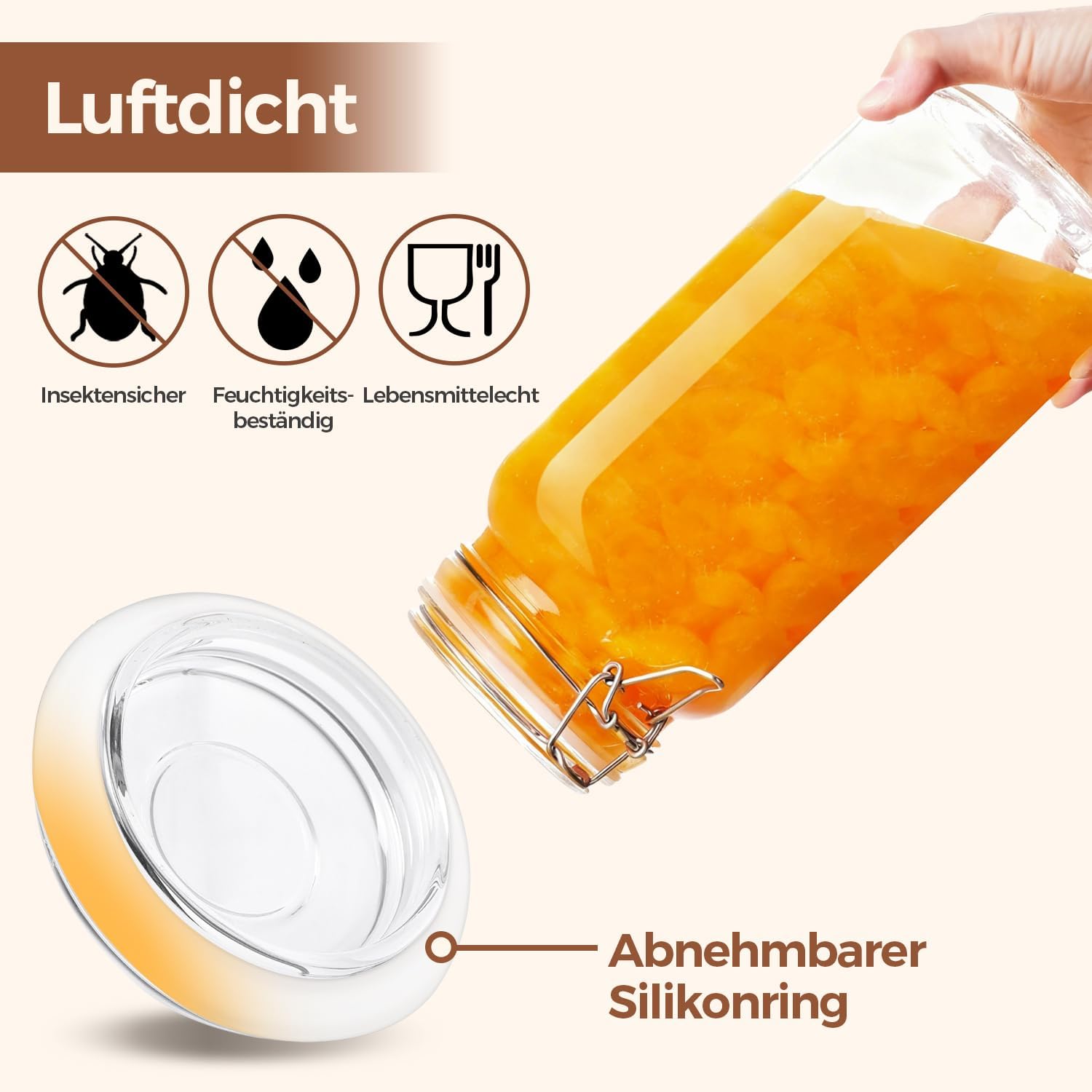 Detalle de ComSaf 2,3L Bügelglas-Set Eckig mit Drahtverschluss – 3er-Set, luftdicht, vielseitig einsetzbar