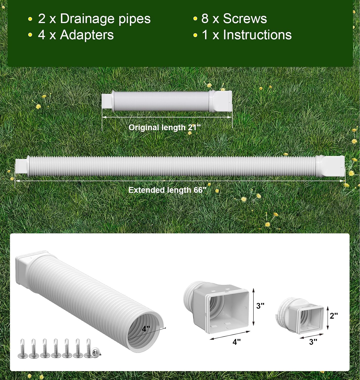 Detalle de Ogutter Rain Gutter Downspout Extensions, Adjustable 21–66 Inches, 2-Pack