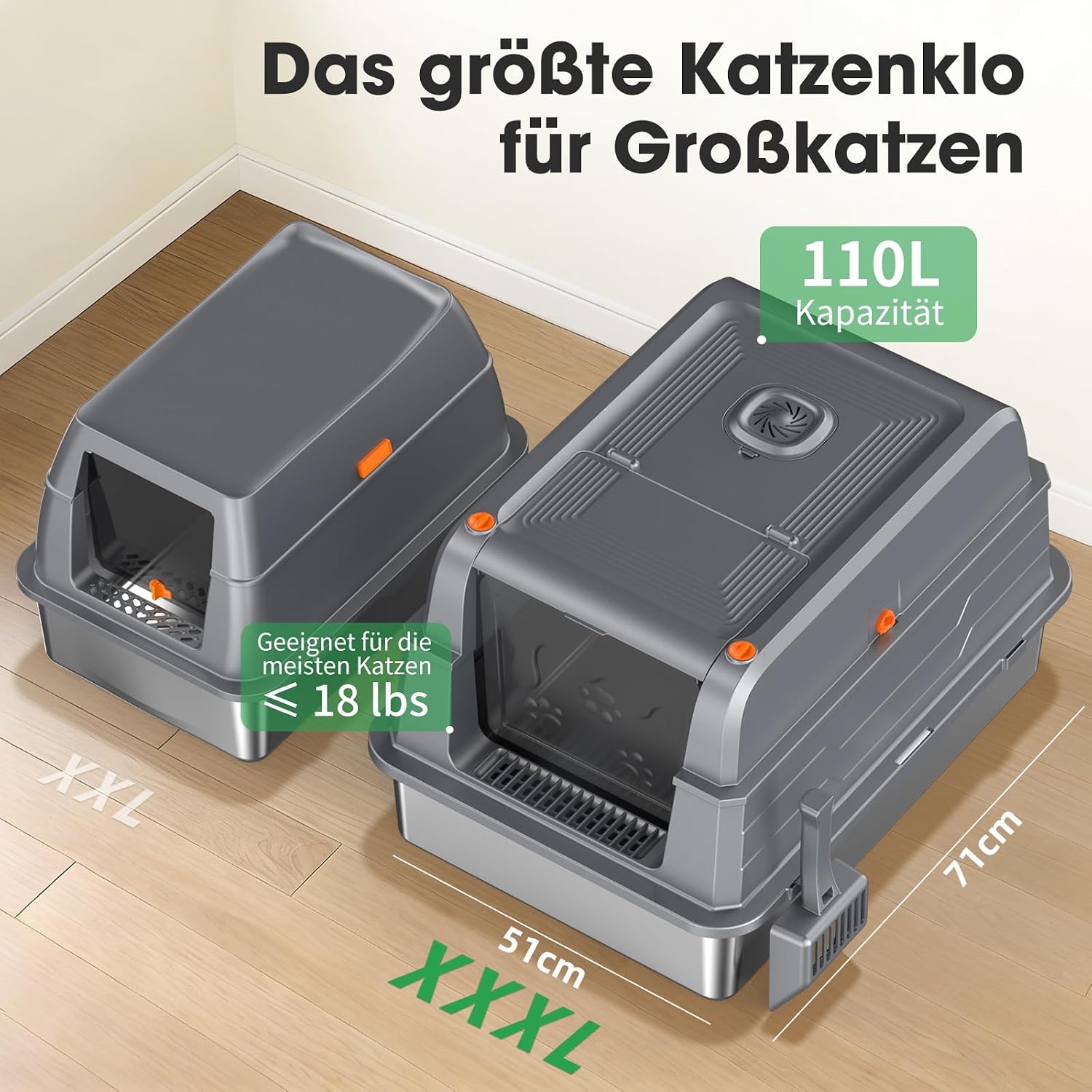 Detalle de XXXL Edelstahl Katzentoilette mit Deckel – extra große, geschlossene Katzentoilette mit 180° Klappdeckel und abnehmbarem Deckel