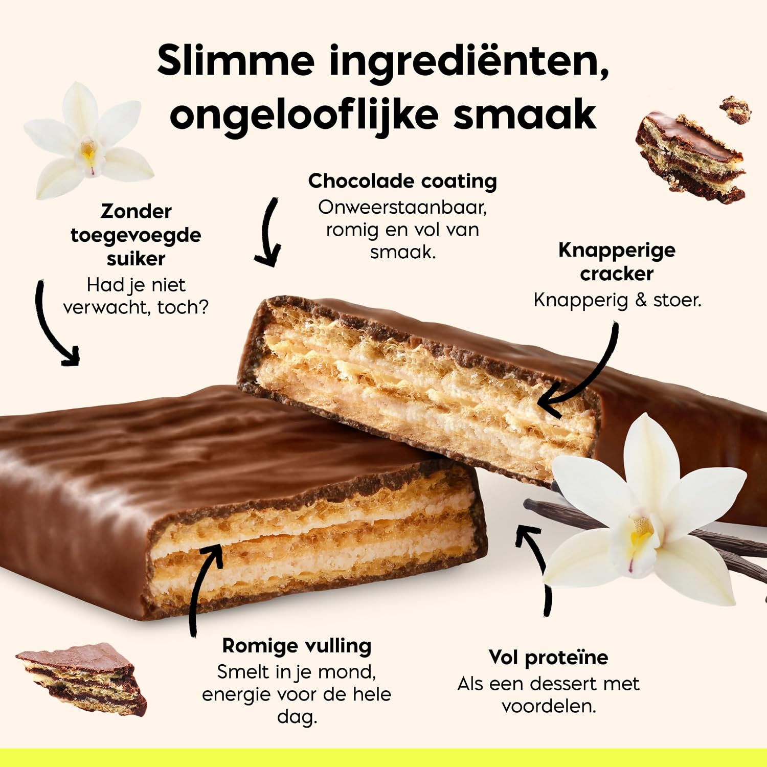 Detalle de N!CK'S Proteïnewafelrepen Vanille, 24 x 40 g met 25% eiwit