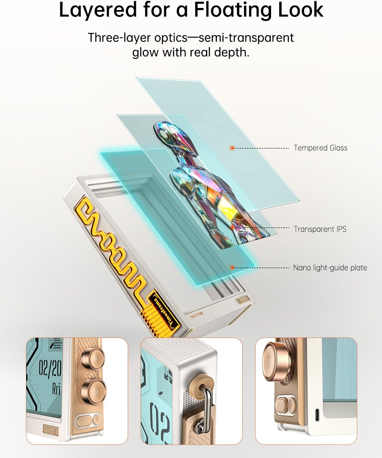 Detalle de Divoom Times Frame – Transparenter 10,1-Zoll IPS-Digitalrahmen mit WLAN, 64 GB Speicher und RGB-Drehknopf