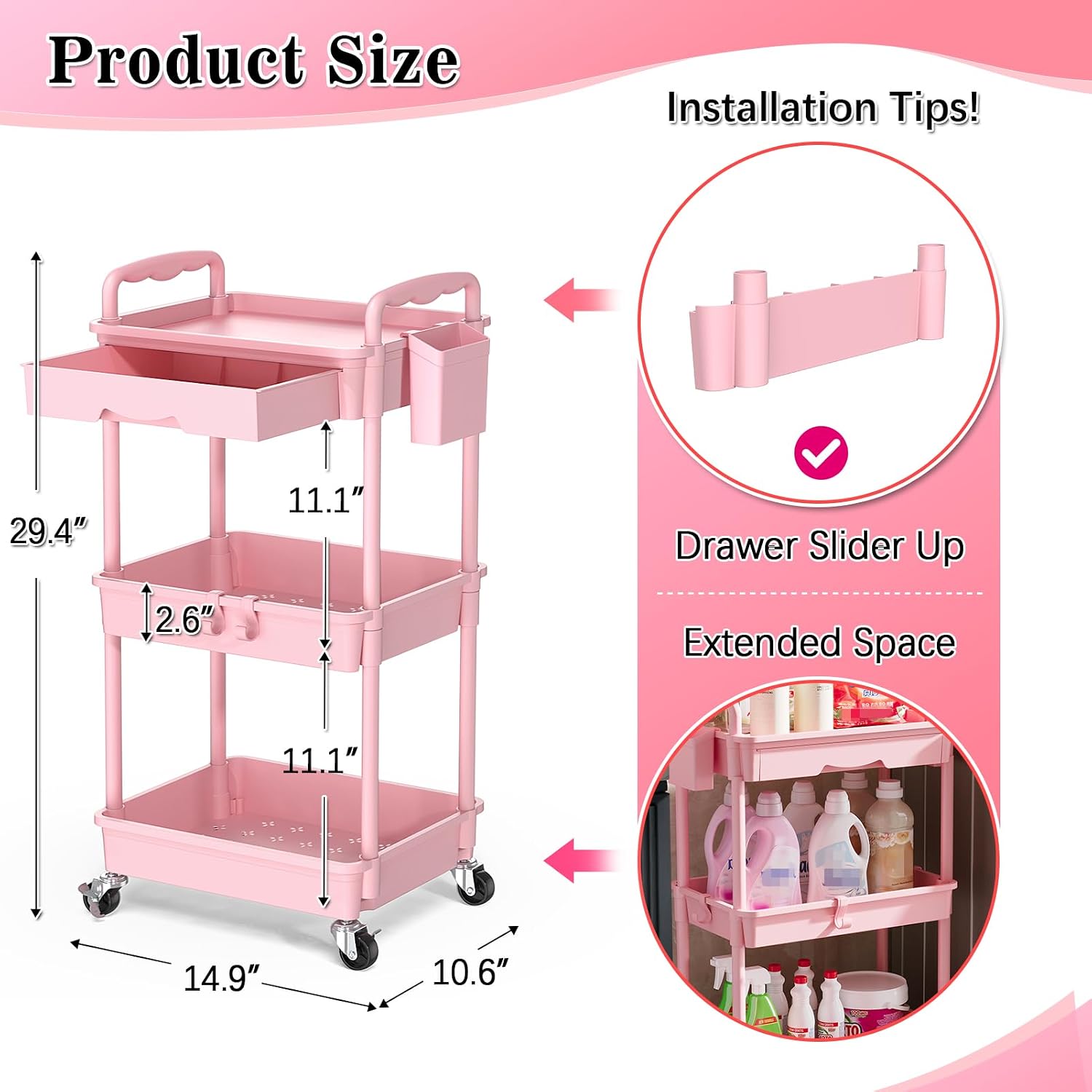 Detalle 2 de SUNALLY SN-UC03PK 3-Tier Rolling Storage Cart with Drawer, Pink, Locking Wheels