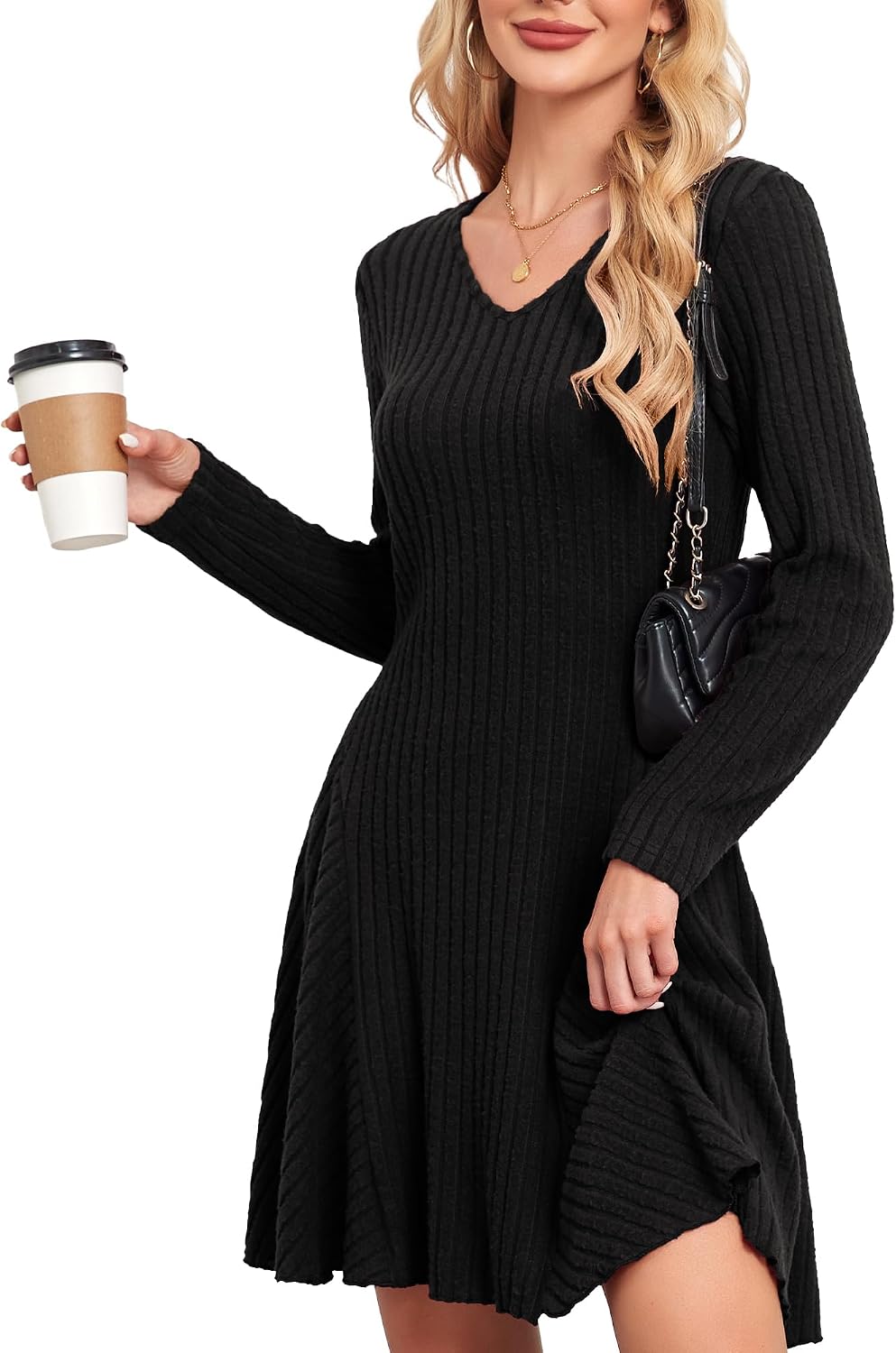 Detalle de SENBATU Robe tricotée pour femmes – robe d’automne élégante à manches longues et col en V