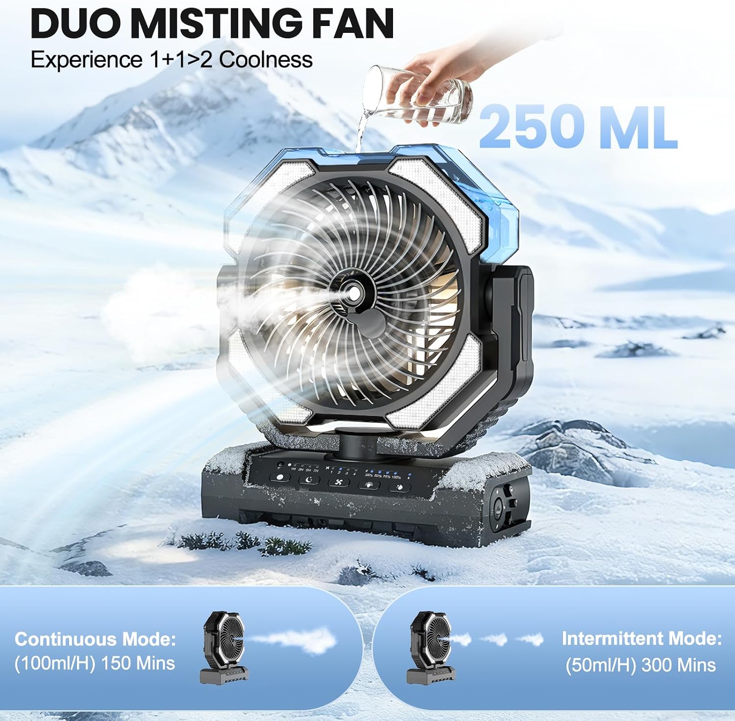 Detalle 2 de Ateroll 20000 mAh Akku Camping Ventilator mit Sprühnebel – mobiler Ventilator für Zelt, Terrasse und Reisen