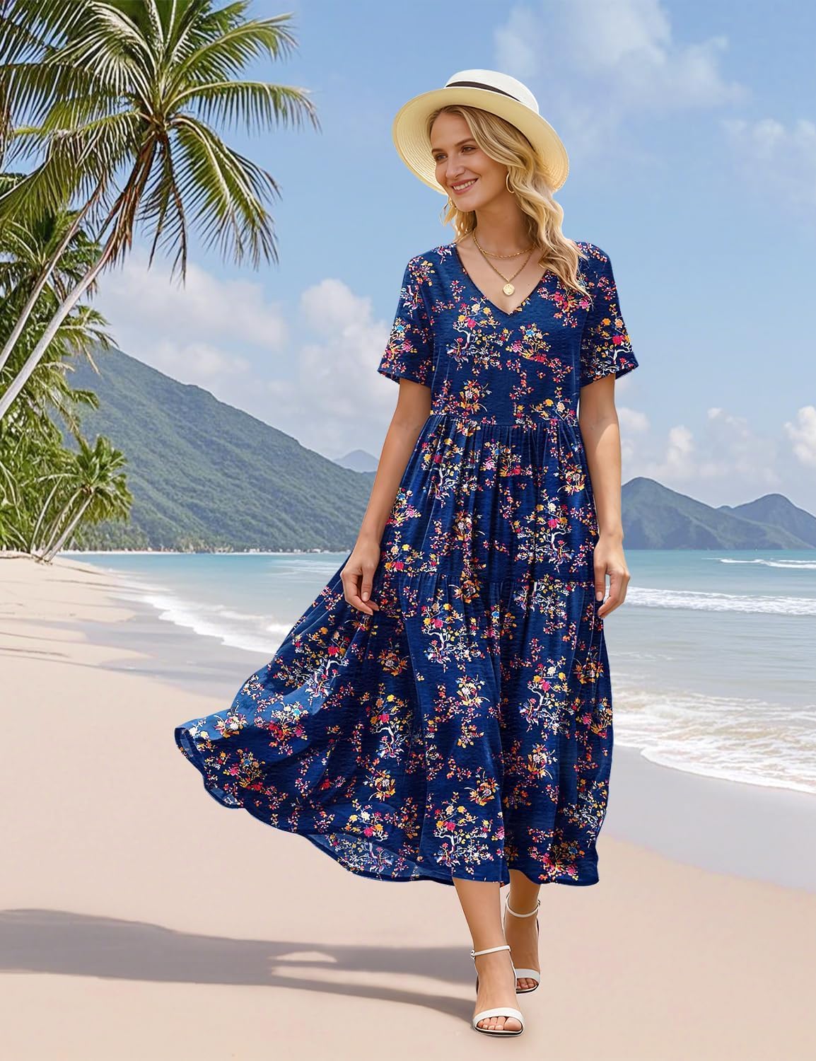 Thumbnail 4 de YESNO Women's Summer Maxi Dress with Pockets – Floral Boho V-Neck Swing Dress
