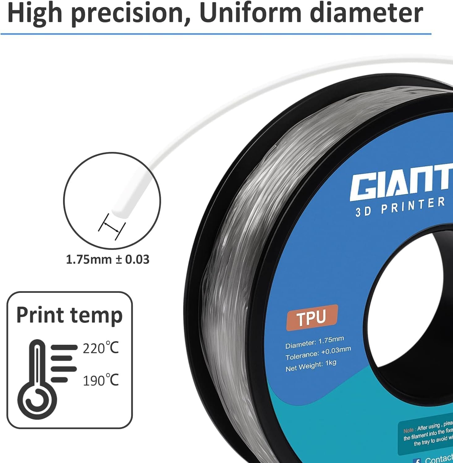 Detalle de GIANTARM 95A TPU Flexible Filament 1.75mm, 1kg, Transparente 🧪