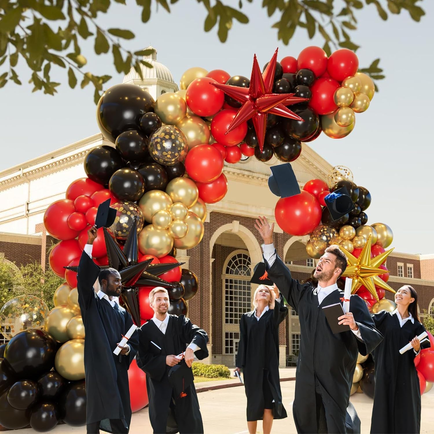 Thumbnail 2 de 161Pcs Red Black Gold Balloon Garland Arch Kit with Explosion Star Foil Balloons for Graduation Anniversary Birthday Party Decorations