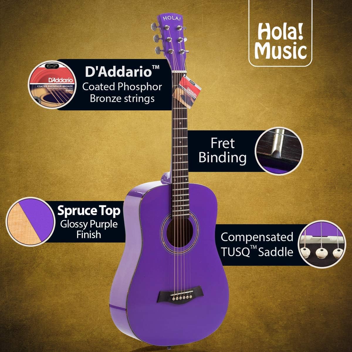 Detalle de Hola! Music 36" 3/4 Acoustic Guitar, Solid Spruce Top, Purple