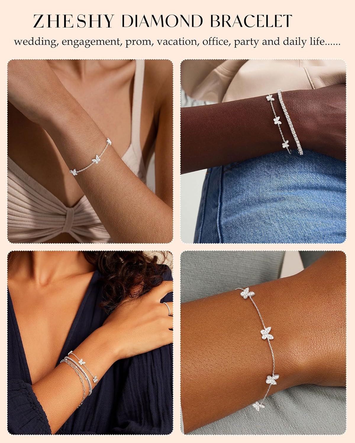 Thumbnail 4 de Bracelet femme ZHESHY argent 925 plaqué or 14k, réglable avec trèfle à 4 feuilles, croix et cœur en zircon