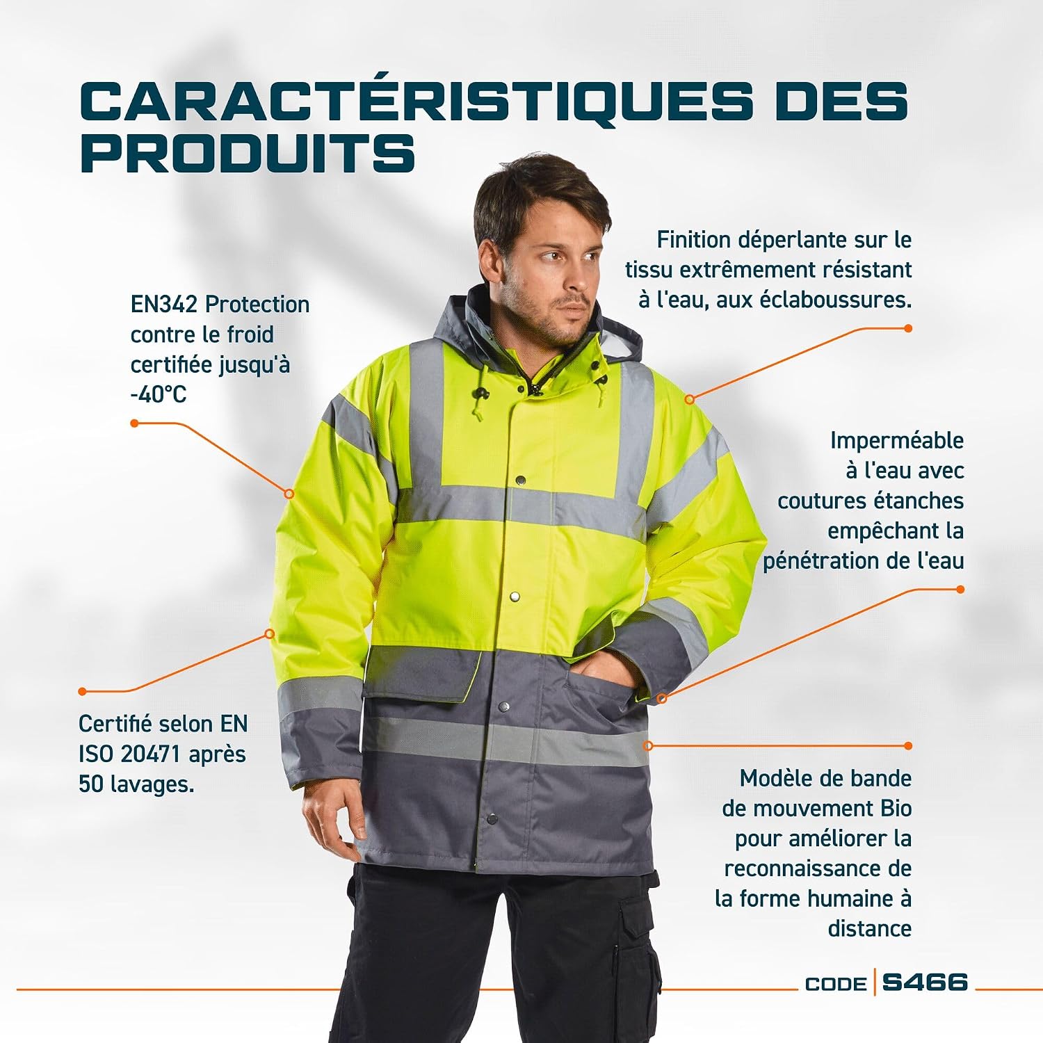 Detalle de Parka bicolore Portwest Parka Bicolore Traffic S466YBRM Jaune/Noir (EN ISO 20471, jusqu’à -40 °C)