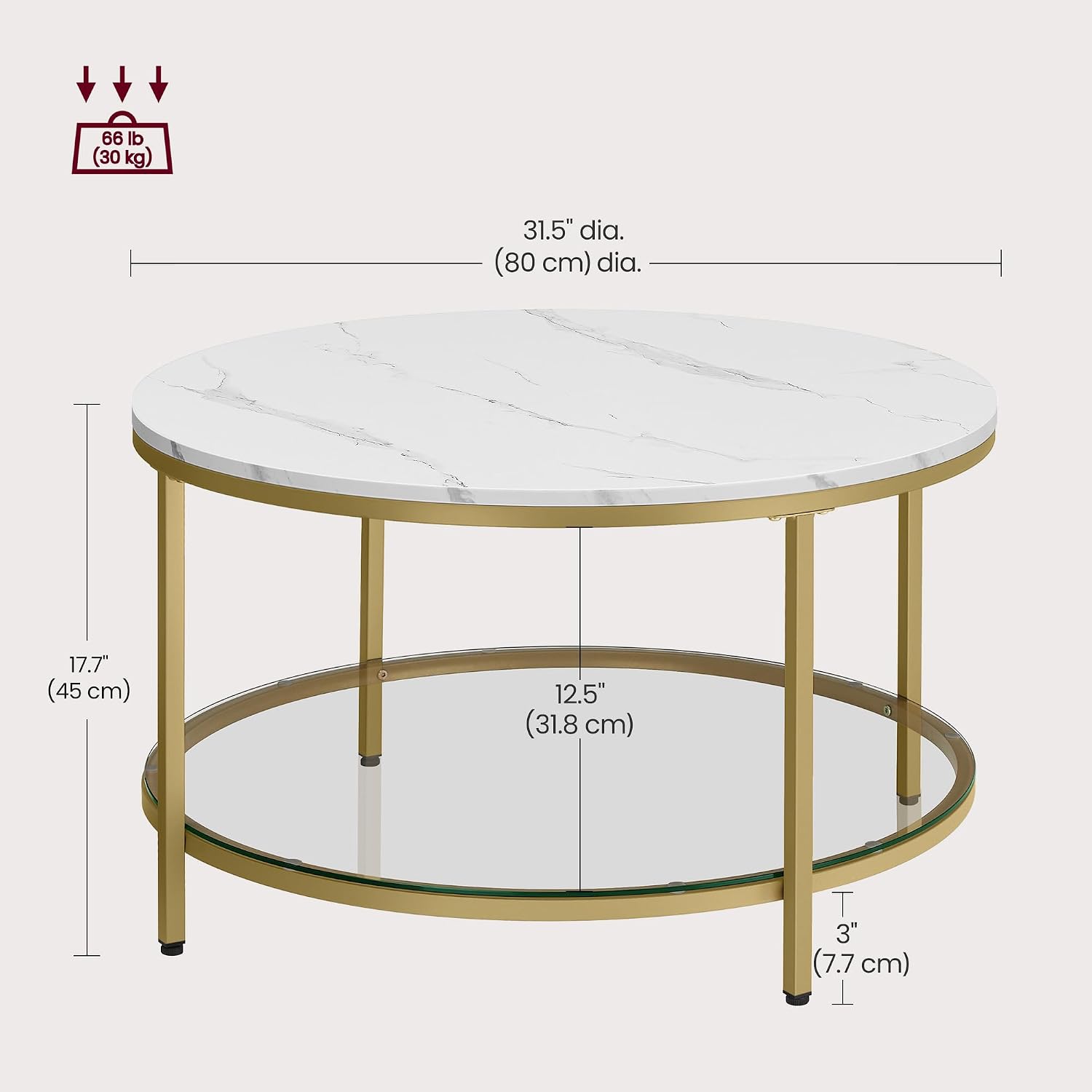 Detalle de VASAGLE BARIS LCT071W59 Round Coffee Table with Faux-Marble Top and Glass Shelf