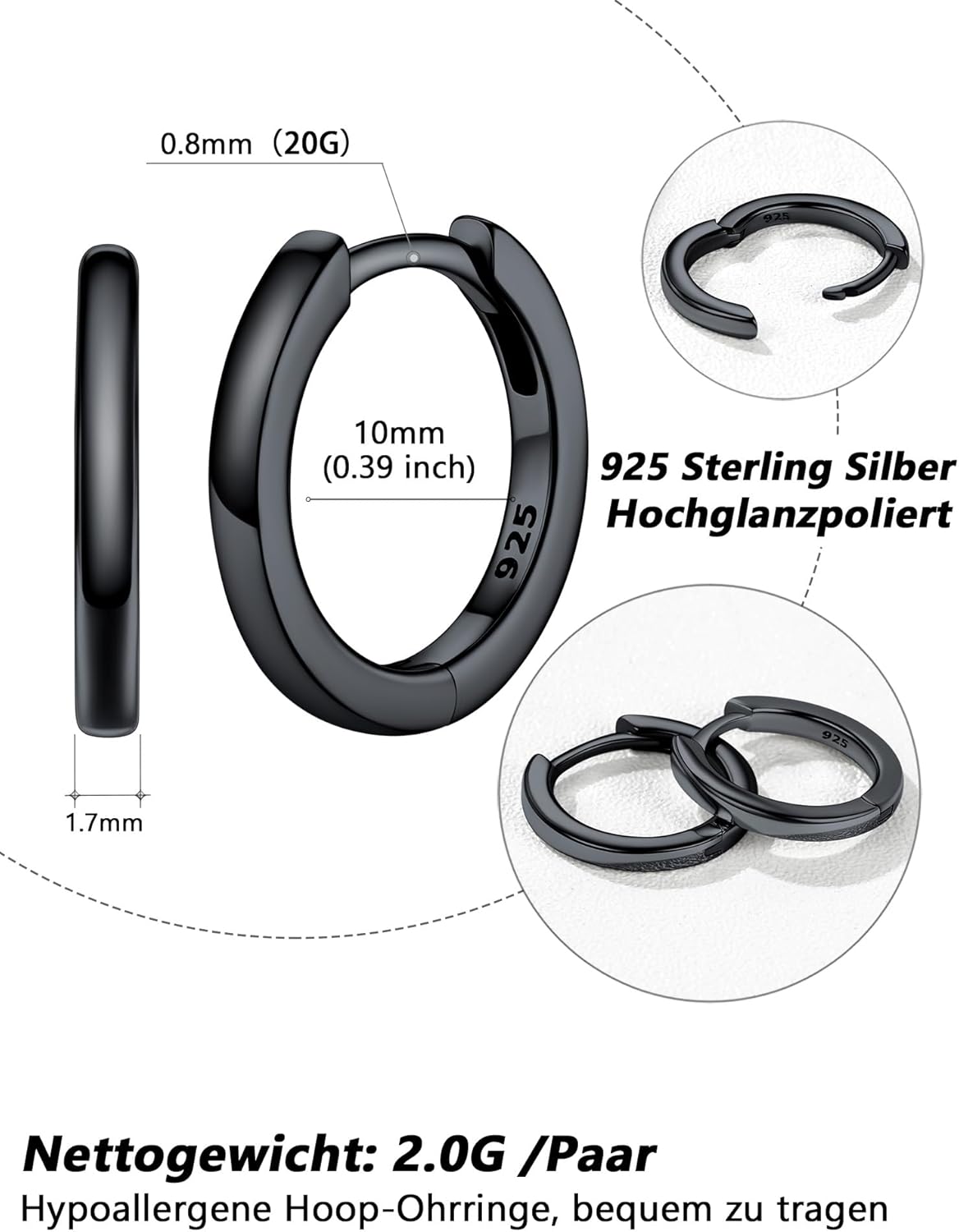 Thumbnail 4 de Silvora Kleine Creolen Silber 10 mm – 925 Silber Huggie Creolen für Damen & Herren