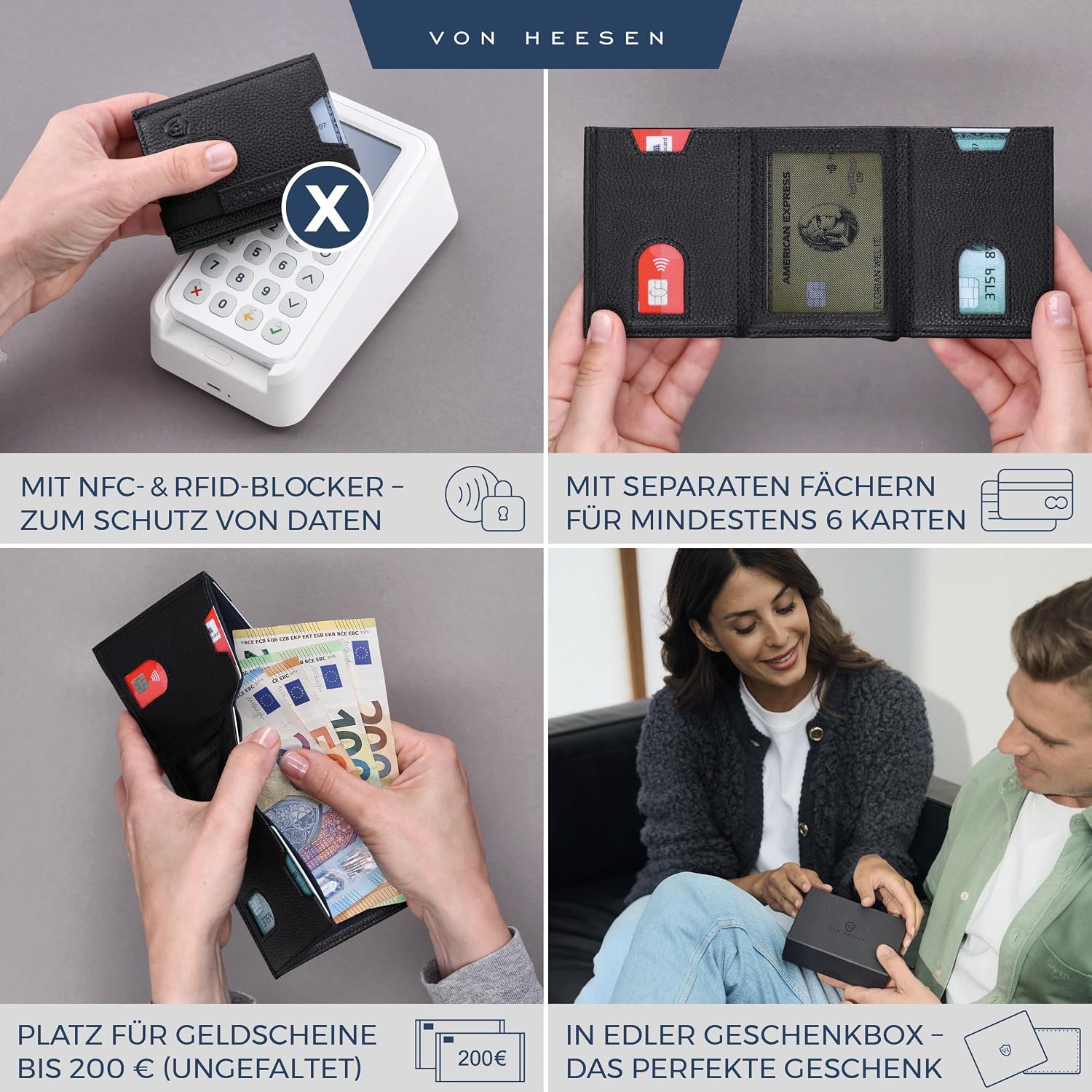 Thumbnail 1 de VON HEESEN Leder Slim Wallet Geldbeutel mit RFID-Schutz – Mini-Kartenetui aus Echtleder